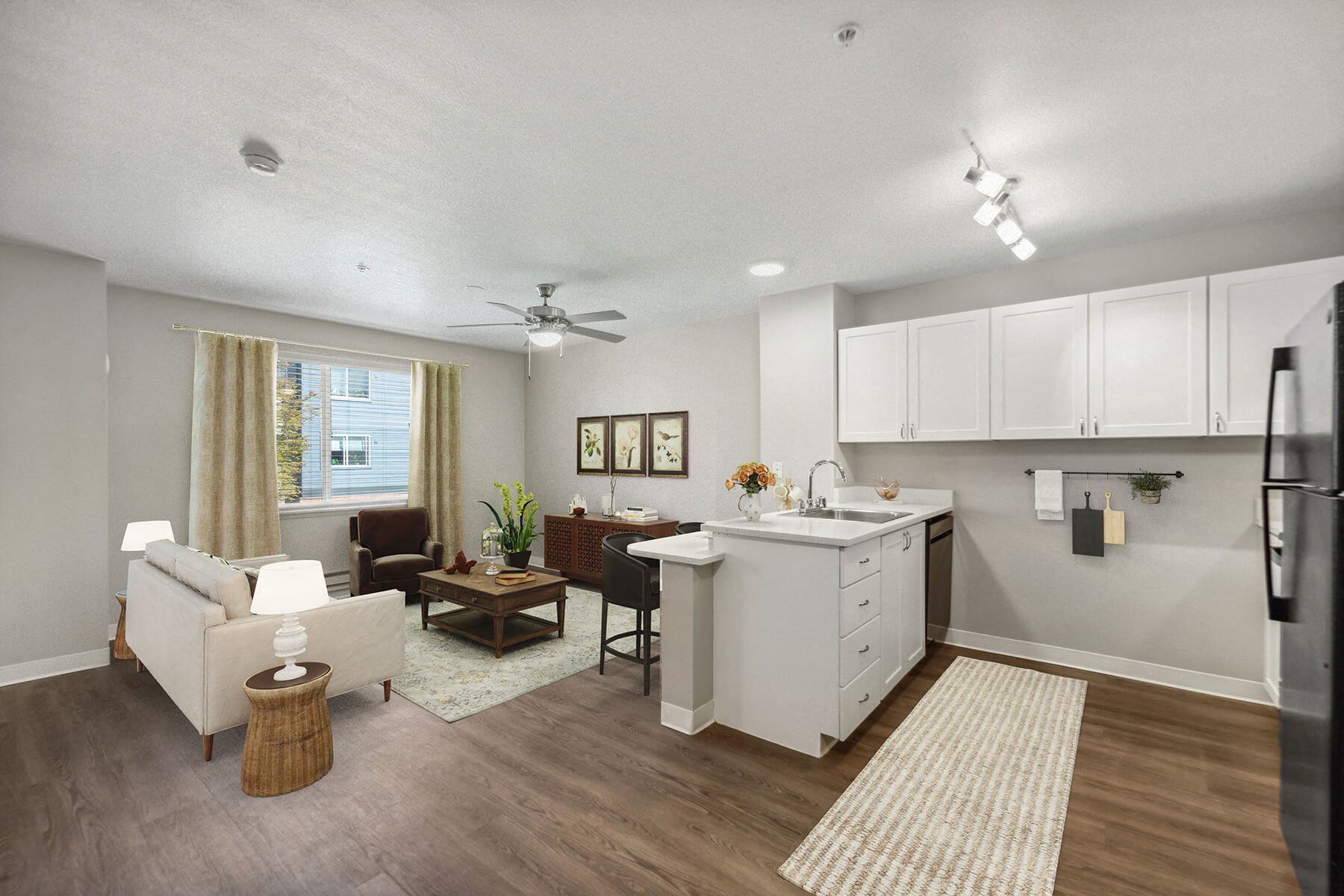 Model Kitchen and Living Room at Meridian Court Apartments in Federal Way WA